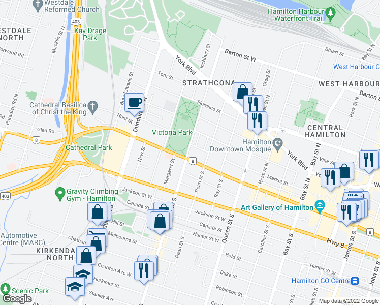 map of restaurants, bars, coffee shops, grocery stores, and more near in Hamilton