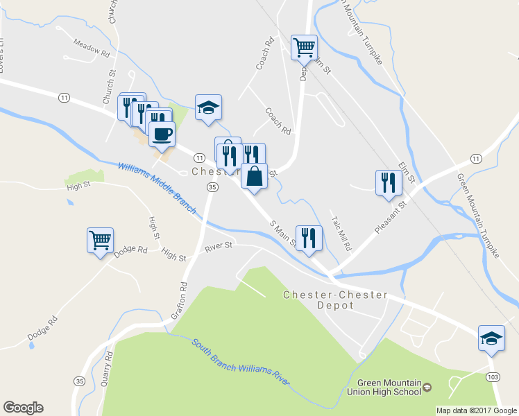 map of restaurants, bars, coffee shops, grocery stores, and more near 177 S Main St in Chester