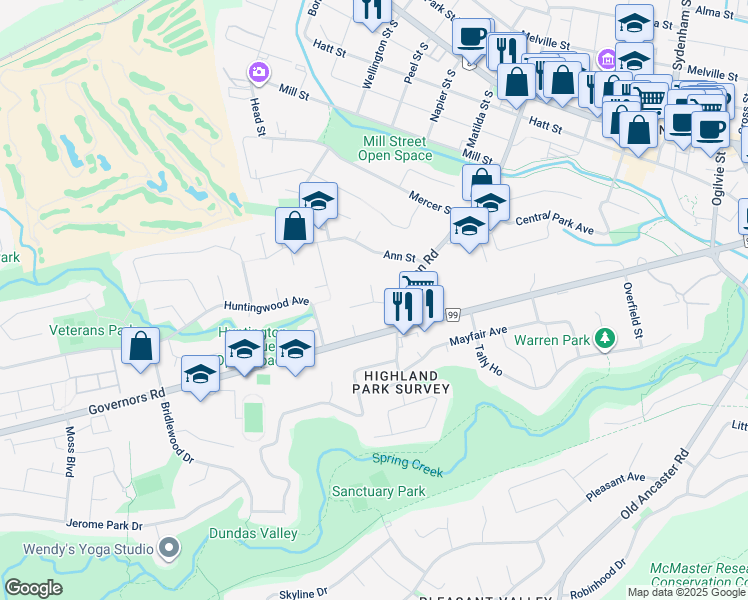 map of restaurants, bars, coffee shops, grocery stores, and more near 10 Begue Street in Hamilton