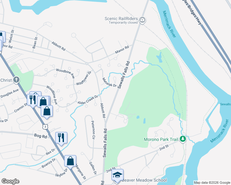 map of restaurants, bars, coffee shops, grocery stores, and more near 132 Sewalls Falls Road in Concord