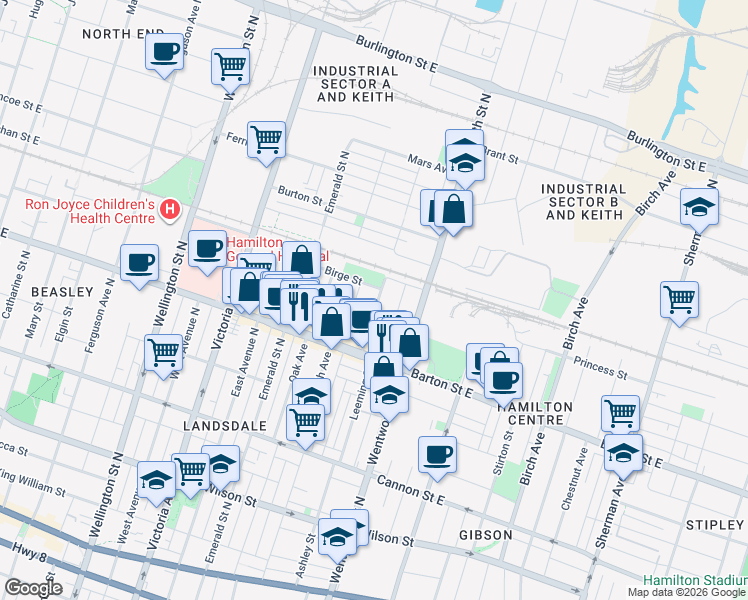 map of restaurants, bars, coffee shops, grocery stores, and more near 66 Cheever Street in Hamilton