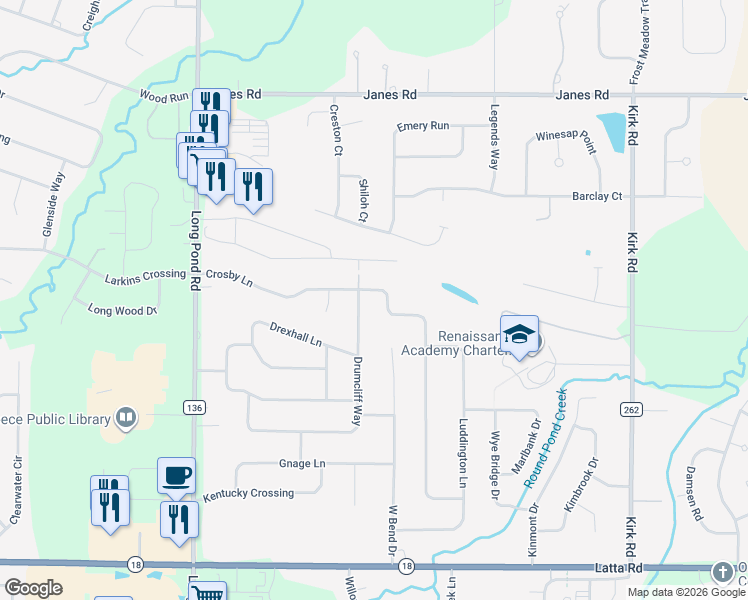 map of restaurants, bars, coffee shops, grocery stores, and more near 304 Crosby Lane in Rochester