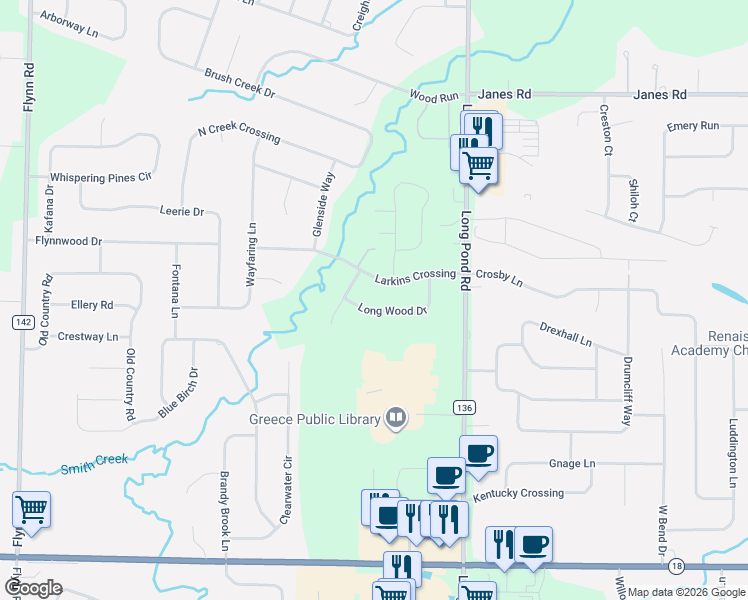 map of restaurants, bars, coffee shops, grocery stores, and more near 93 Larkins Crossing in Rochester