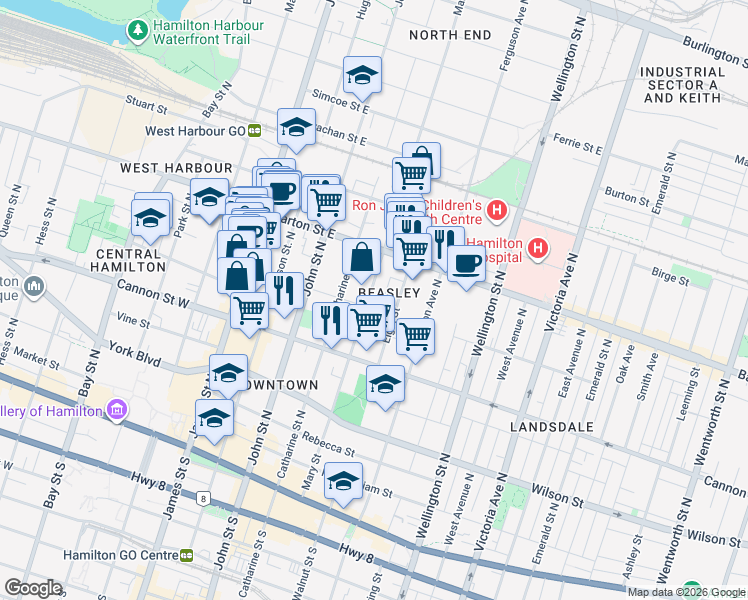 map of restaurants, bars, coffee shops, grocery stores, and more near 219 Mary Street in Hamilton