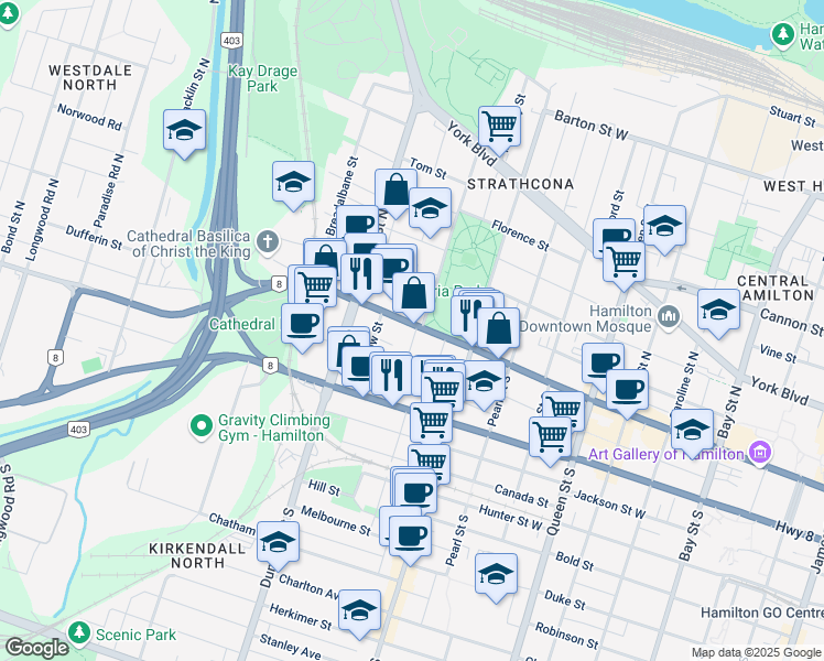map of restaurants, bars, coffee shops, grocery stores, and more near 2 Strathcona Avenue South in Hamilton