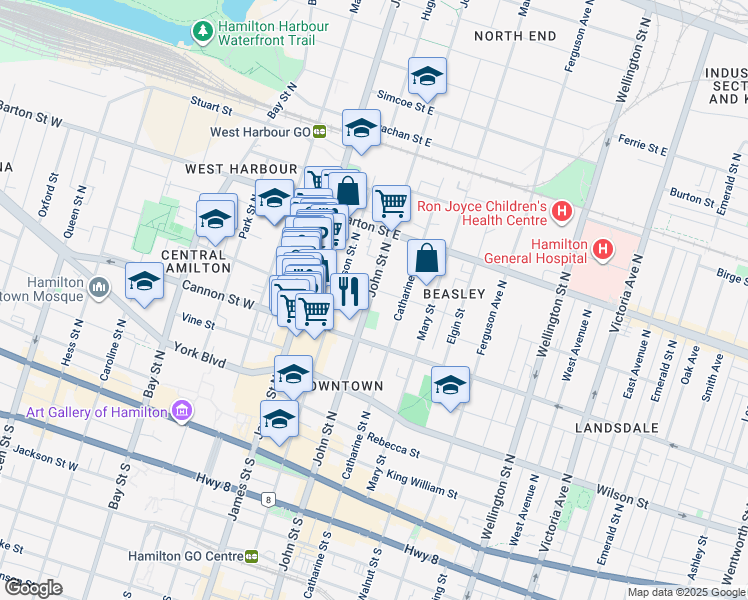 map of restaurants, bars, coffee shops, grocery stores, and more near 186 John Street North in Hamilton