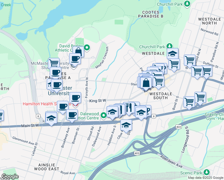 map of restaurants, bars, coffee shops, grocery stores, and more near 44 Dalewood Crescent in Hamilton