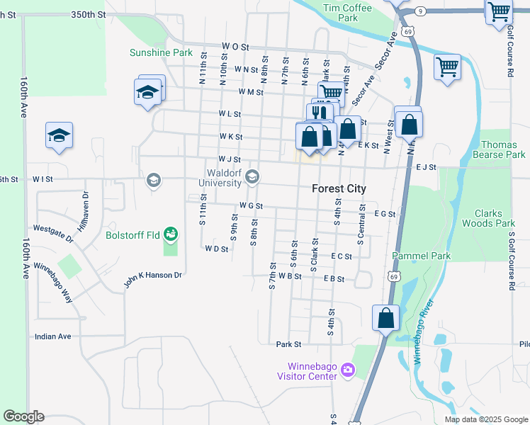 map of restaurants, bars, coffee shops, grocery stores, and more near 300-398 West G Street in Forest City