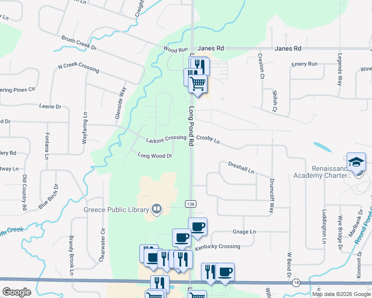 map of restaurants, bars, coffee shops, grocery stores, and more near 561 Long Pond Road in Rochester