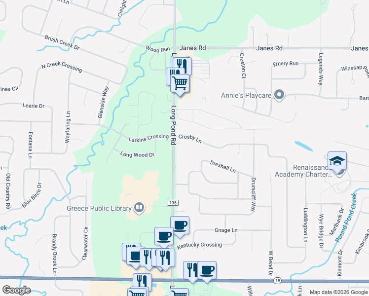 map of restaurants, bars, coffee shops, grocery stores, and more near 560 Long Pond Road in Rochester