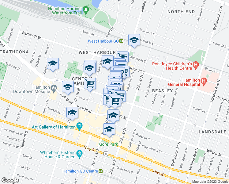 map of restaurants, bars, coffee shops, grocery stores, and more near 166 James Street North in Hamilton