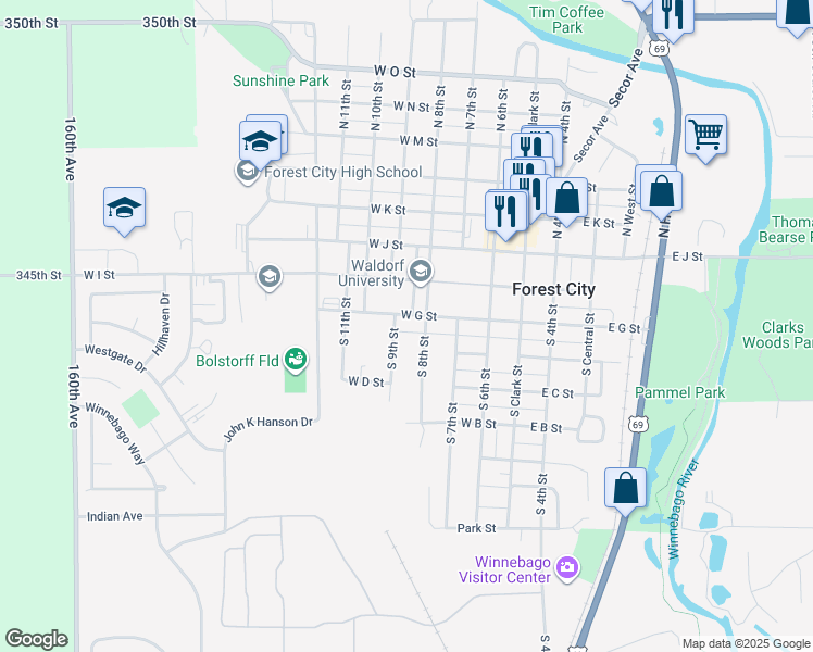 map of restaurants, bars, coffee shops, grocery stores, and more near 300-498 S 9th St in Forest City