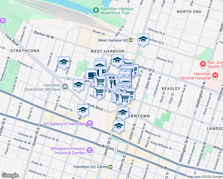 map of restaurants, bars, coffee shops, grocery stores, and more near 129 MacNab Street North in Hamilton