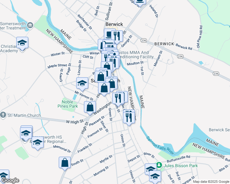 map of restaurants, bars, coffee shops, grocery stores, and more near 77 Main Street in Somersworth