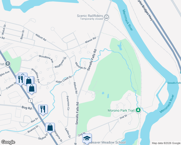 map of restaurants, bars, coffee shops, grocery stores, and more near 132 Sewalls Falls Road in Concord