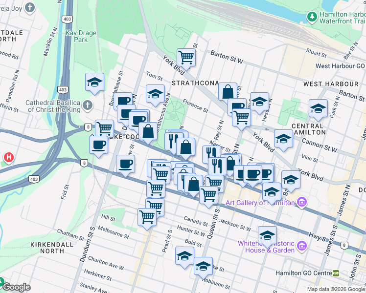 map of restaurants, bars, coffee shops, grocery stores, and more near 23 Morden Street in Hamilton
