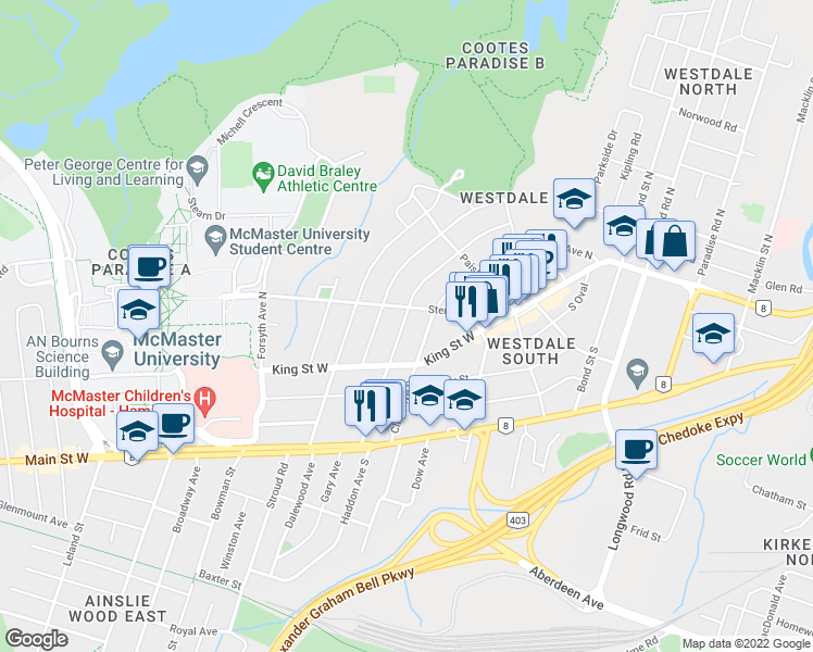 map of restaurants, bars, coffee shops, grocery stores, and more near 44 Haddon Avenue North in Hamilton