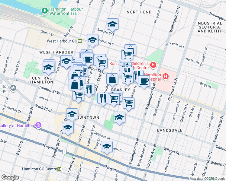 map of restaurants, bars, coffee shops, grocery stores, and more near 219 Mary Street in Hamilton