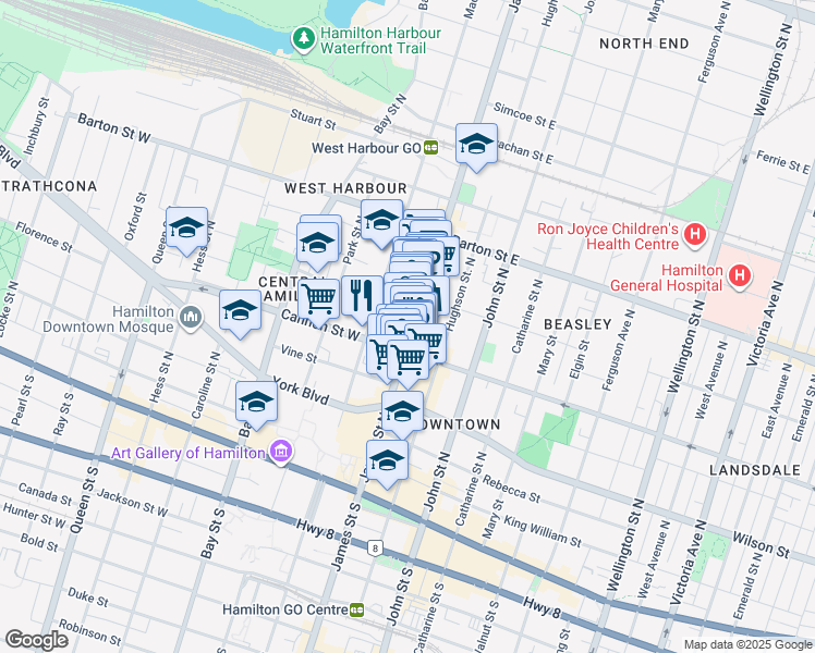 map of restaurants, bars, coffee shops, grocery stores, and more near 183 James Street North in Hamilton