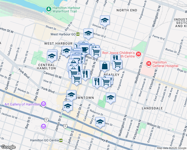 map of restaurants, bars, coffee shops, grocery stores, and more near 70 Robert Street in Hamilton