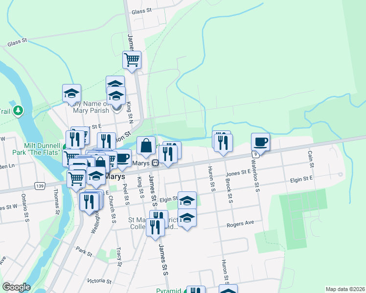 map of restaurants, bars, coffee shops, grocery stores, and more near 22 Saint Andrew Street North in Saint Marys