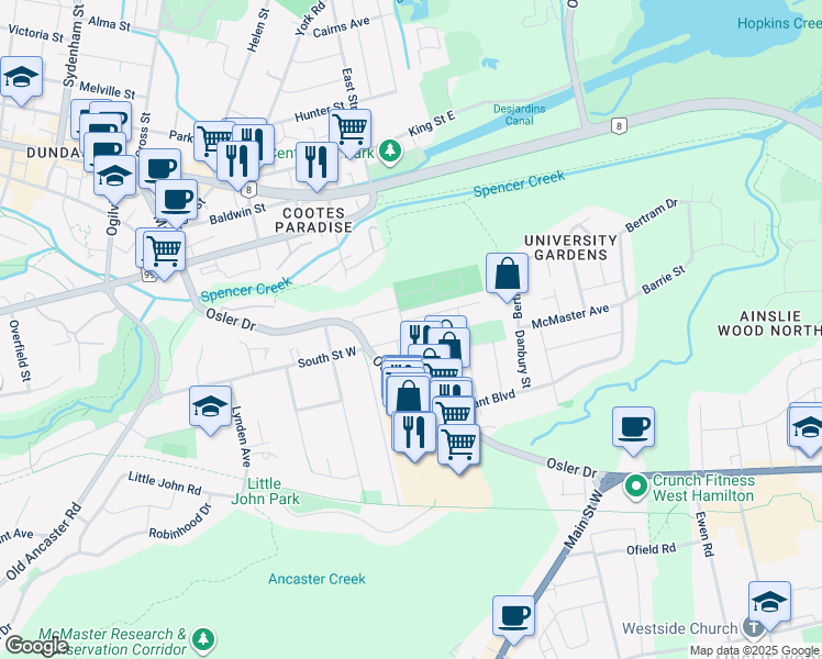 map of restaurants, bars, coffee shops, grocery stores, and more near 7 Dunning Court in Hamilton