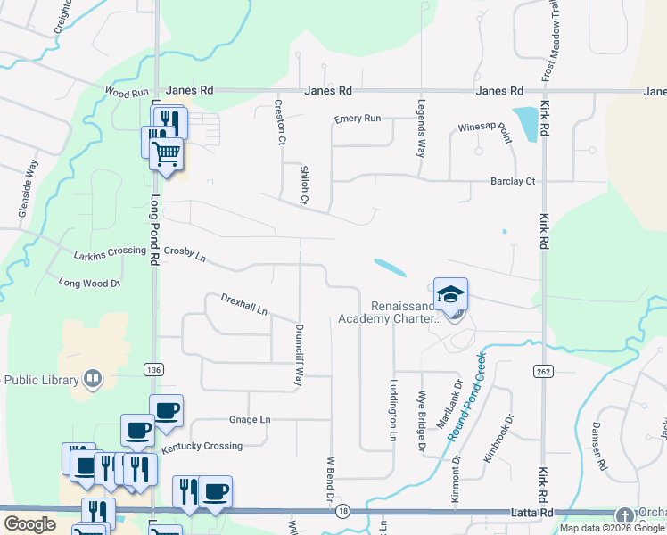 map of restaurants, bars, coffee shops, grocery stores, and more near 304 Crosby Lane in Rochester