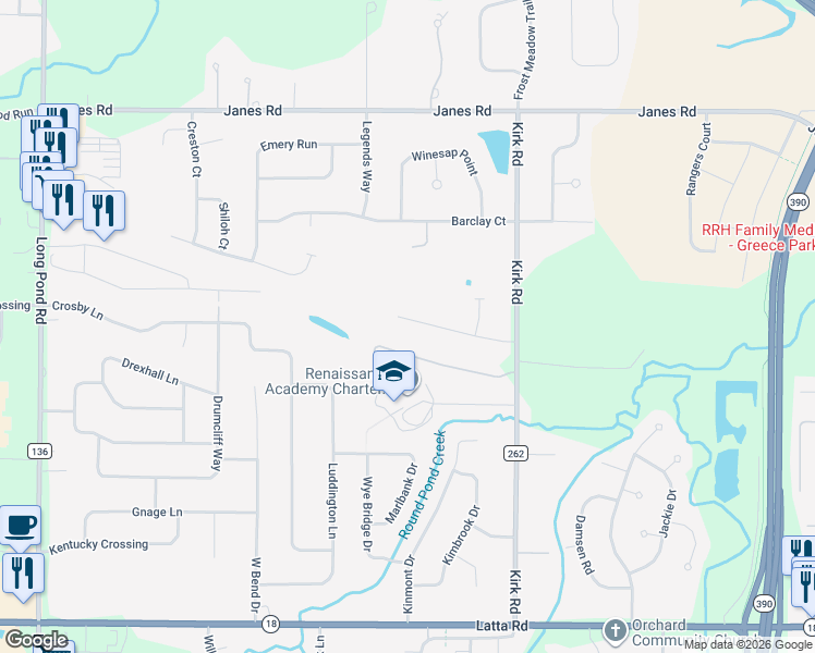map of restaurants, bars, coffee shops, grocery stores, and more near 35 Lantana Lane in Rochester