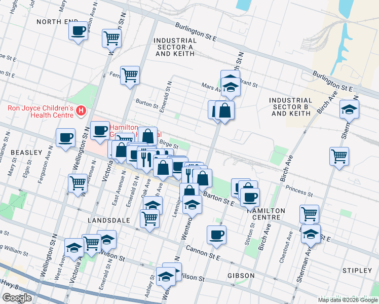 map of restaurants, bars, coffee shops, grocery stores, and more near 66 Cheever Street in Hamilton