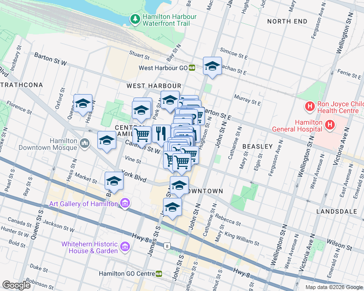map of restaurants, bars, coffee shops, grocery stores, and more near 187 James Street North in Hamilton