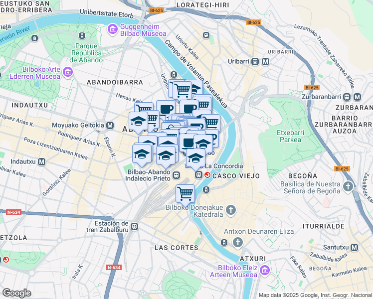 map of restaurants, bars, coffee shops, grocery stores, and more near 4 Don Diego López Haroko Kale Nagusia in Bilbo