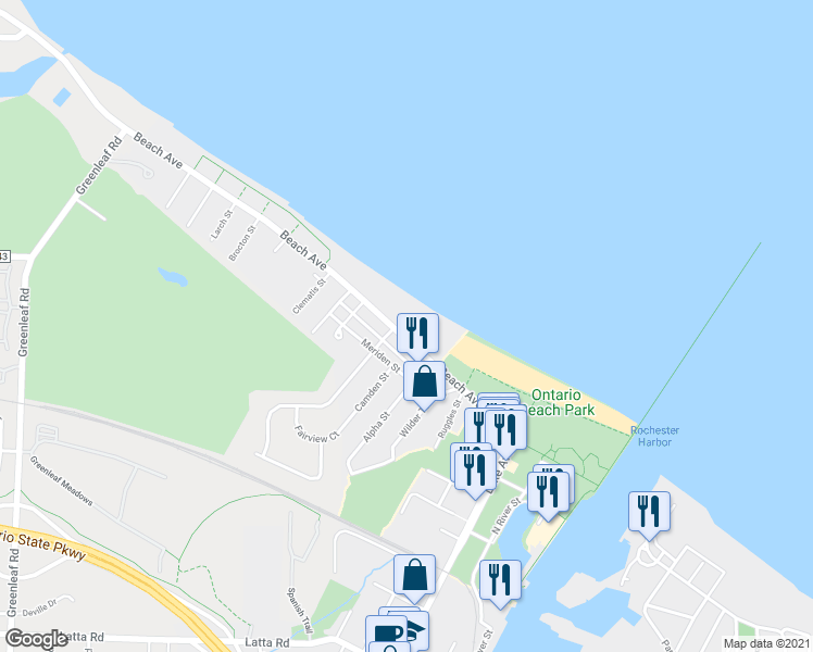map of restaurants, bars, coffee shops, grocery stores, and more near 356 Beach Avenue in Rochester