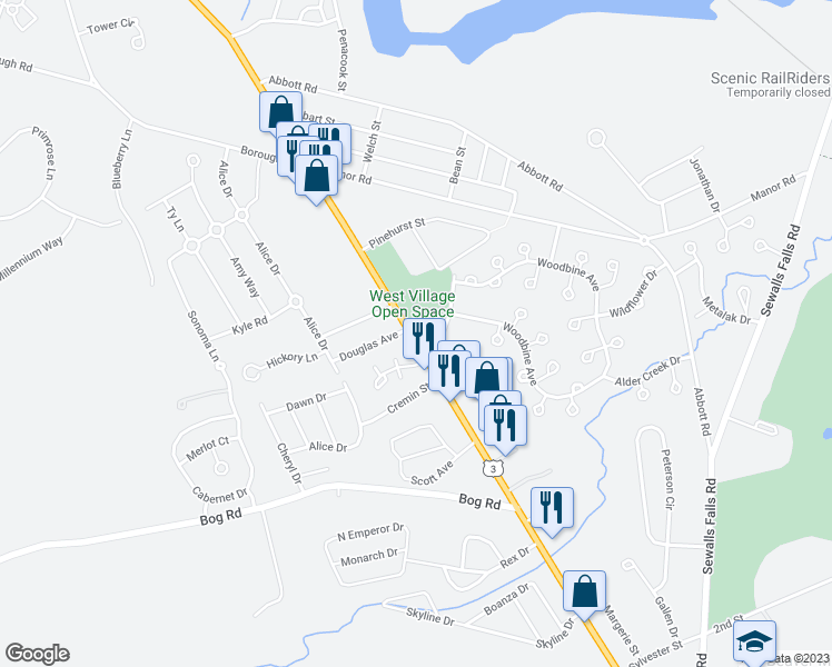 map of restaurants, bars, coffee shops, grocery stores, and more near 120 Fisherville Road in Concord