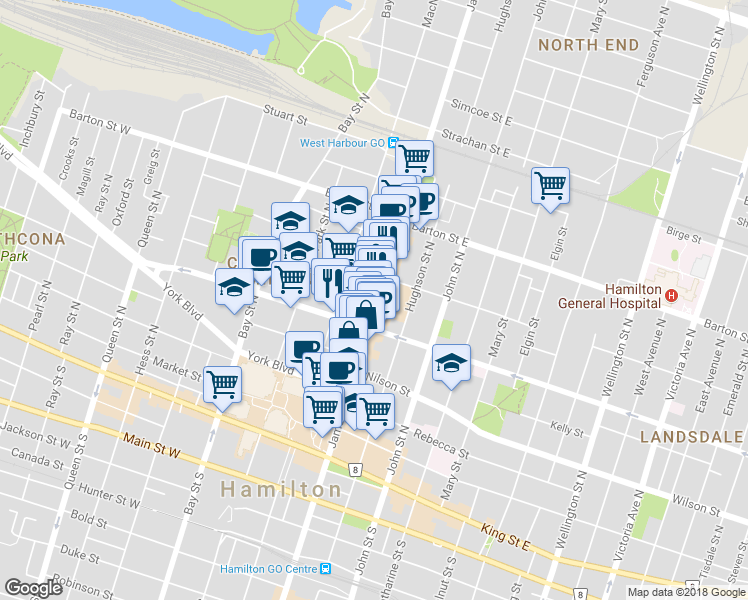 map of restaurants, bars, coffee shops, grocery stores, and more near 166 James Street North in Hamilton