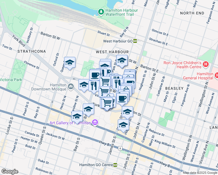 map of restaurants, bars, coffee shops, grocery stores, and more near in Hamilton