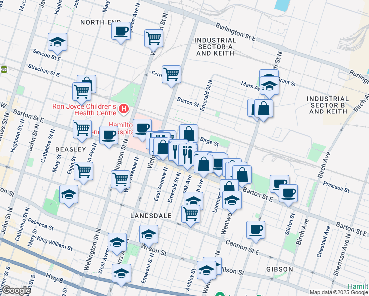 map of restaurants, bars, coffee shops, grocery stores, and more near 309 Emerald Street North in Hamilton