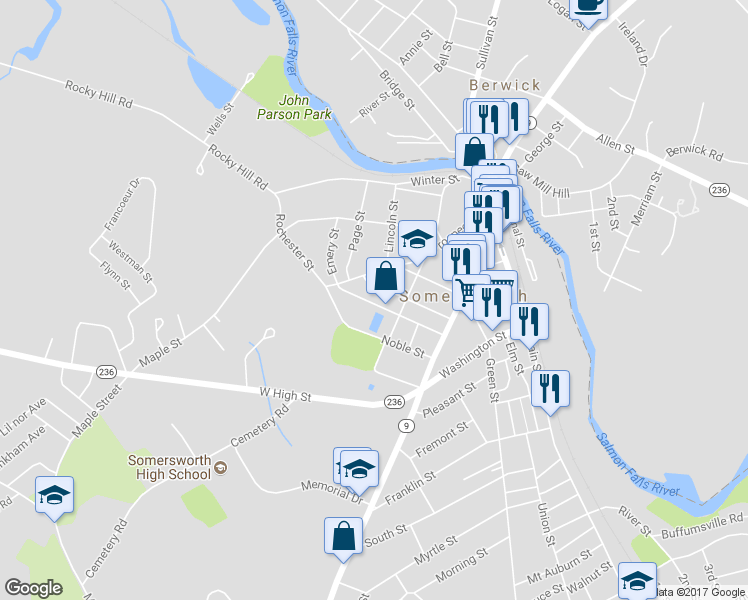 map of restaurants, bars, coffee shops, grocery stores, and more near 43 Mount Vernon Street in Somersworth