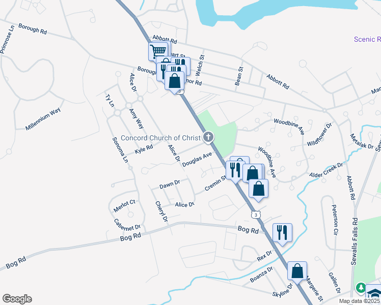 map of restaurants, bars, coffee shops, grocery stores, and more near 11 Winsor Avenue in Concord