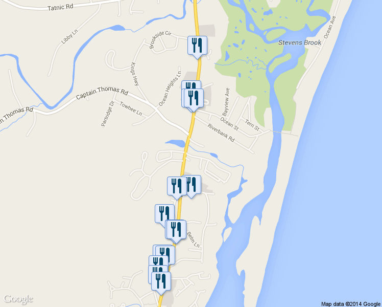 map of restaurants, bars, coffee shops, grocery stores, and more near 7 Littlefield Village Road in Ogunquit