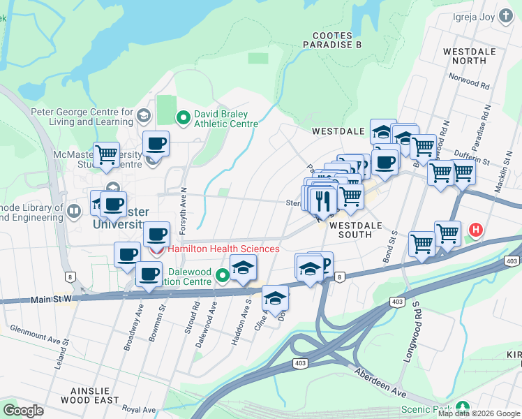 map of restaurants, bars, coffee shops, grocery stores, and more near 52 Dromore Crescent in Hamilton