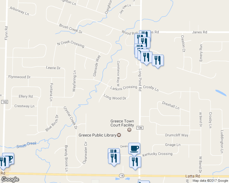 map of restaurants, bars, coffee shops, grocery stores, and more near 93 Larkins Crossing in Rochester