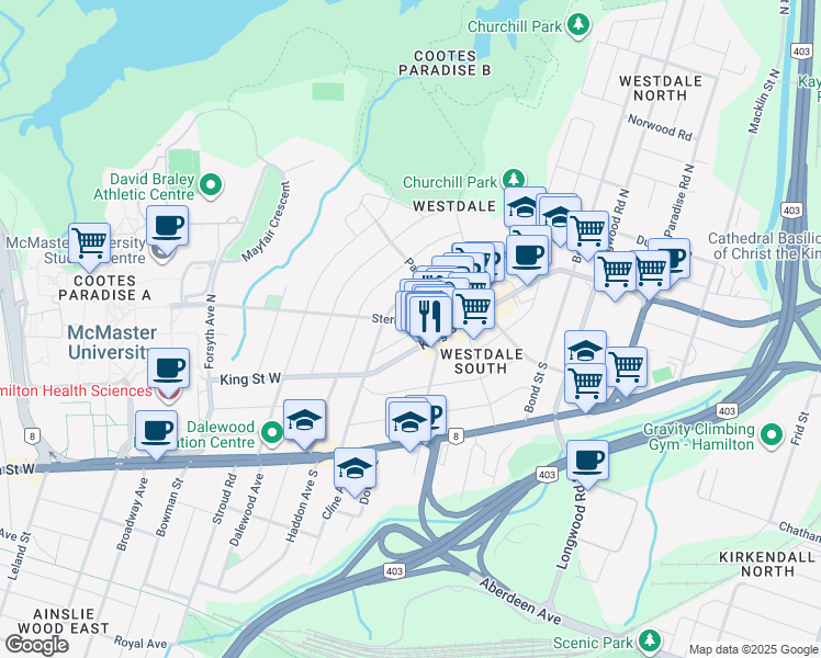 map of restaurants, bars, coffee shops, grocery stores, and more near 19 Sterling Street in Hamilton