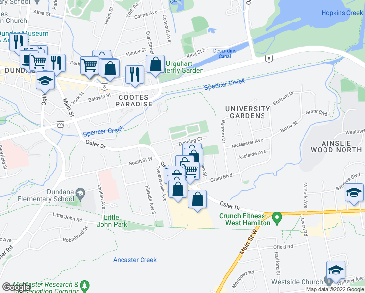 map of restaurants, bars, coffee shops, grocery stores, and more near 7 Dunning Court in Hamilton