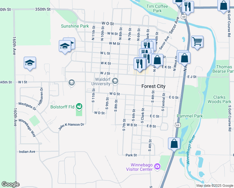 map of restaurants, bars, coffee shops, grocery stores, and more near 398 W G St in Forest City