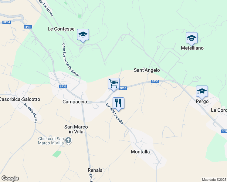 map of restaurants, bars, coffee shops, grocery stores, and more near 38 Strada Provinciale Val di Pierle in Campaccio