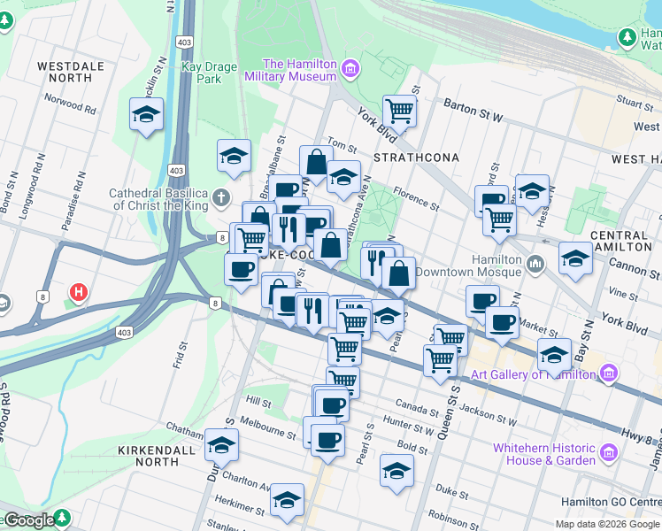 map of restaurants, bars, coffee shops, grocery stores, and more near 560 King Street West in Hamilton