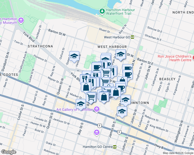 map of restaurants, bars, coffee shops, grocery stores, and more near 116 Bay Street North in Hamilton