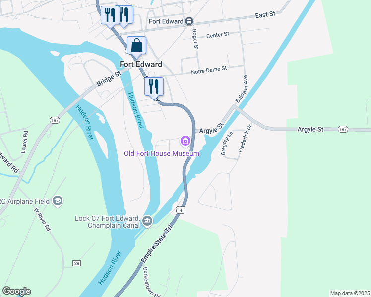 map of restaurants, bars, coffee shops, grocery stores, and more near 29 Broadway in Fort Edward