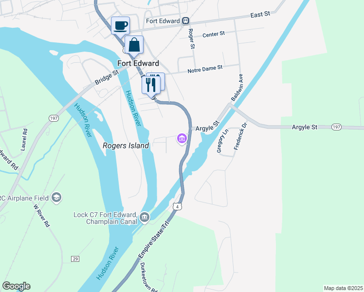 map of restaurants, bars, coffee shops, grocery stores, and more near 29 Broadway in Fort Edward