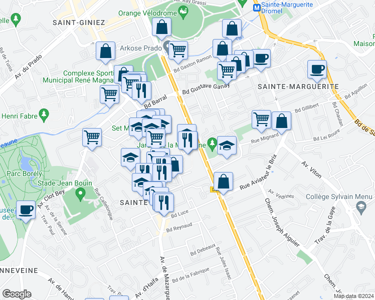 map of restaurants, bars, coffee shops, grocery stores, and more near 280 Boulevard Michelet in Marseille